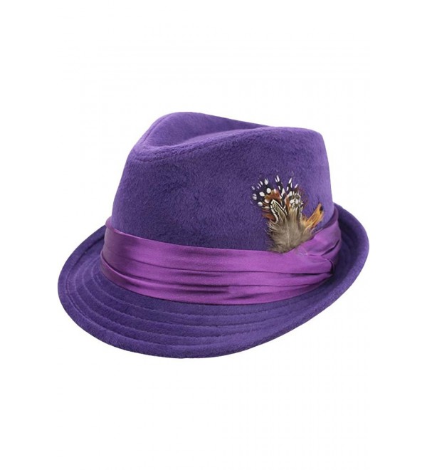 Luxury Divas Purple Wool Felt Fedora Hat With Feather Trim - CT17YLQT78G