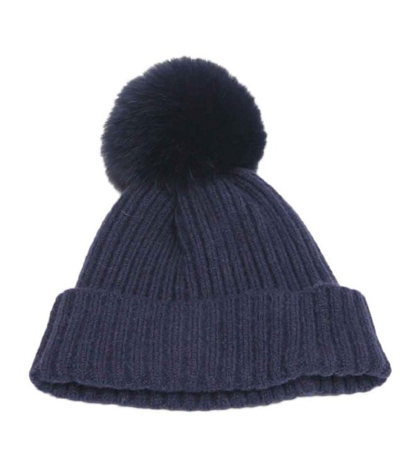 Tuscom Women Winter Crochet Hat Fur Wool Knit Beanie Fox Hair Warm Cap - Navy - CO12NBZ9IK3