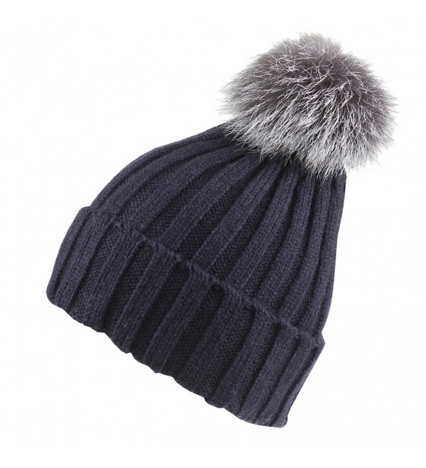 Womens Girls Winter Knit Fur Hat Large Fox Fur Pom Pom Beanie Hat Navy ...