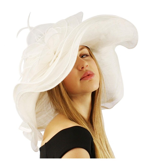 Summer Kentucky Derby Wide 6"+ Brim Layers Floppy Feathers Net Floral Hat - White - CU11JHWI7BD