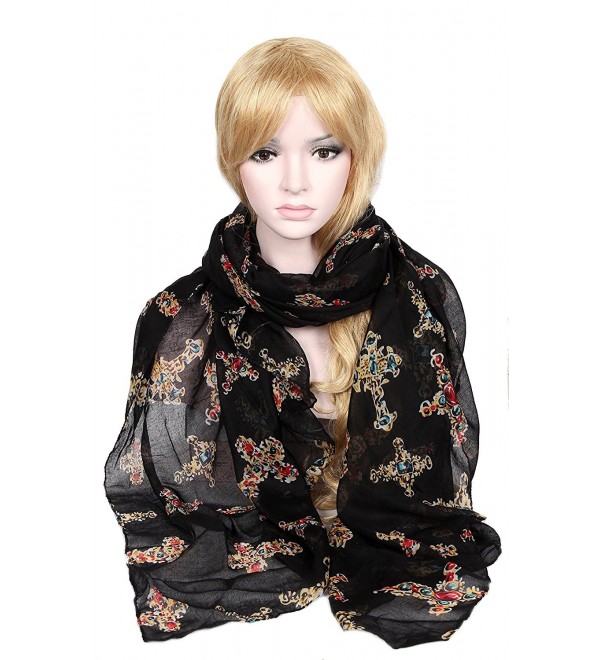 Calonice Black Scarf with artistic Crucifix patterns Stylish shawl 37300 - Black - C51205NTSF1