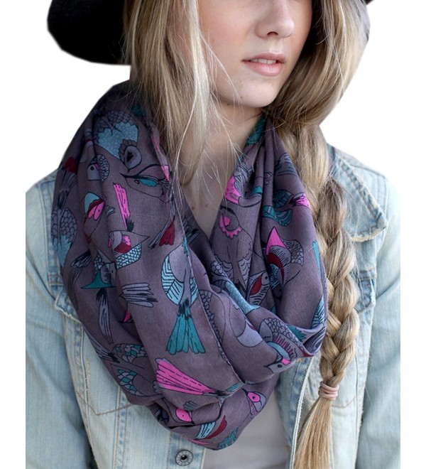 Anika Dali Women's Boho Chic Birds and Floral Infinity Scarf- Loop Shawl - Tweet Bird (Grey / Pink) - CH11LTOLZBV