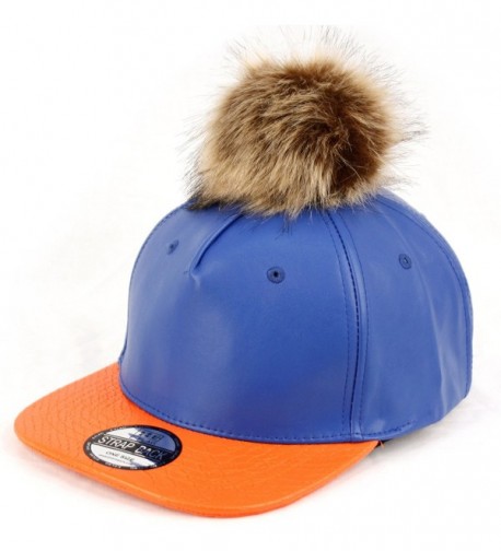 Faux Leather Fur Pom Pom Baseball Cap Strap Back - Royal/Orange - CG129S7ZMP5