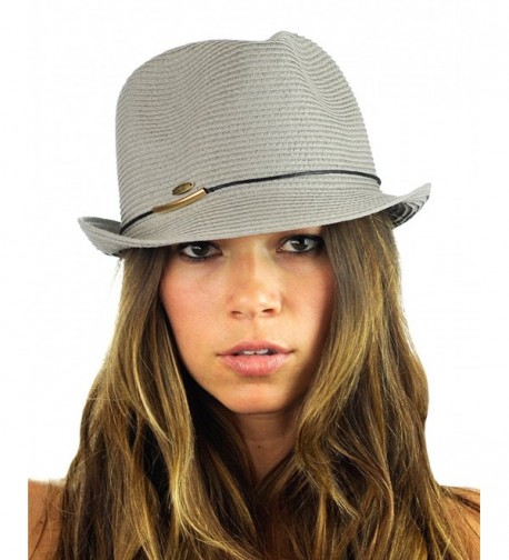 NYFASHION101 Spring Summer Gold-Tone Bar Slim Band Stingy Trilby Fedora Hat - Gray - C312EBO49XV