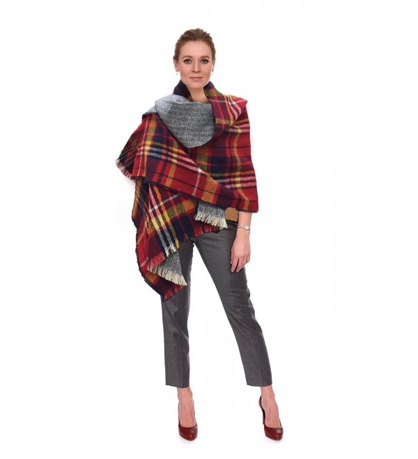 Women's Soft Tartan Checked Plaid Scarf Shawl Cape Blanket Shawl Wrap Scarf Poncho with Fringe Trims - 090-01 - C11864SHXO5