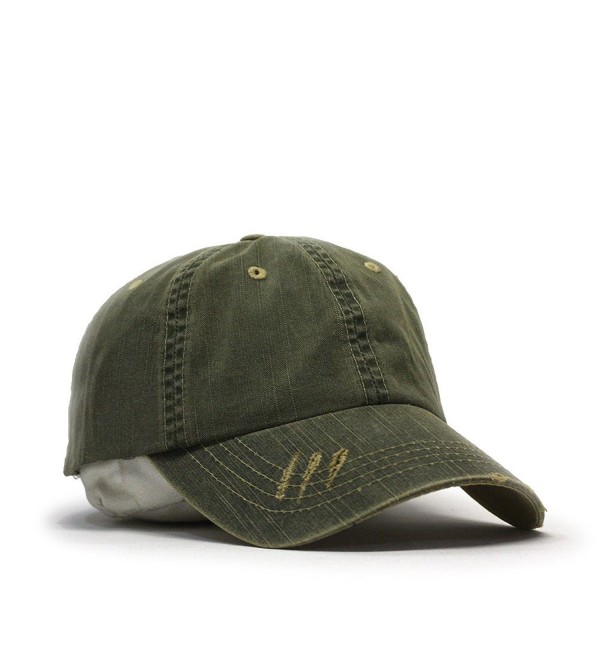 Distressed Dirty Wash Herringbone Cotton Adjustable Baseball Cap - Olive Green - CQ186M9YOYU