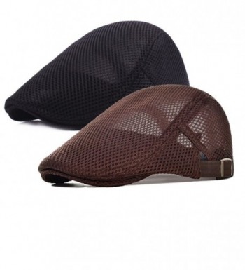 2 Pack Men Breathable mesh Summer hat Newsboy Beret Ivy Cap Cabbie Flat Cap - Brown/Black - CC1832NQRQ2