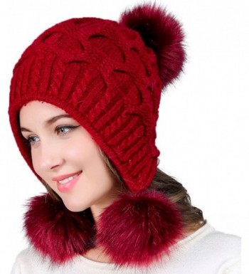YI HENG MEI Women's Thick Cable Knit Three Faux Fuzzy Fur Poms Skull Cap Cuff Beanie Hats - Burgundy - CJ188HD4DNU