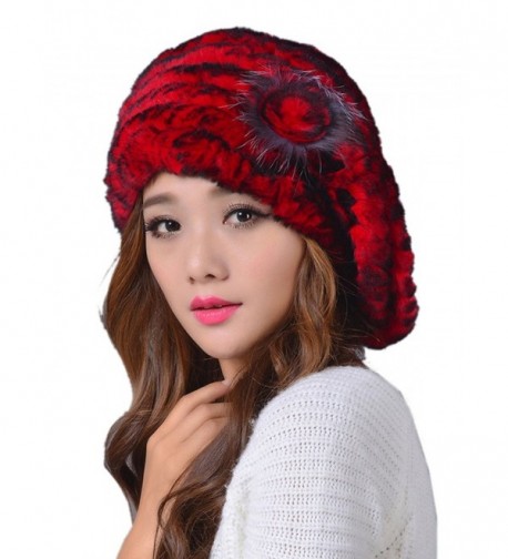 LITHER Women's Winter Rex Rabbit Fur Beret Hat With Fur Flower - Red - CE12NR6NBHJ