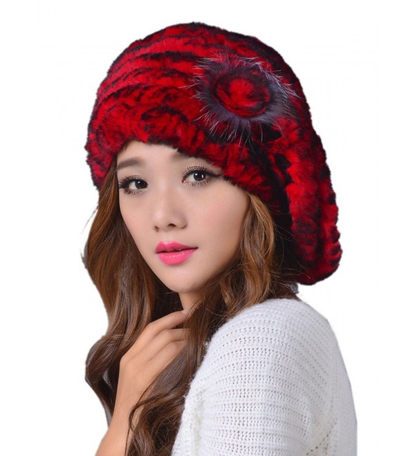 LITHER Women's Winter Rex Rabbit Fur Beret Hat With Fur Flower - Red - CE12NR6NBHJ