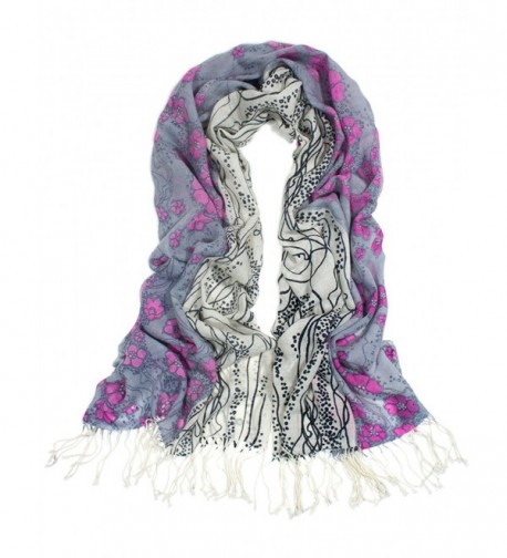 Dahlia Women's 100% Merino Wool Pashmina Scarf - Ink Painting Flower Style - Pink Flower Flowing River - CL113ZJYZVP