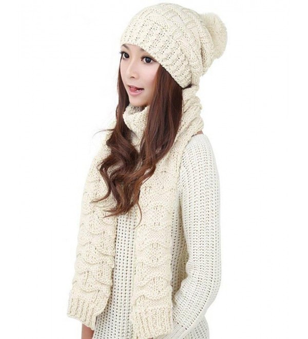Memorose Womens 2-piece Cable Knitted Beanie Cap Skully Hat and Long Scarf Set - White - CI120TTILYZ