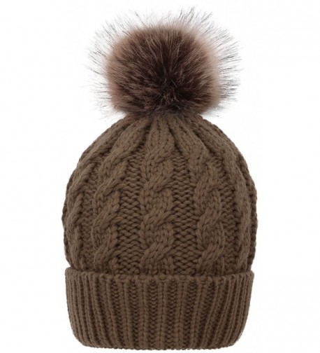 HelloAllyn Women's Cable Knit Faux Fur Pom Beanie - Olive Khaki - C91873H8QUI