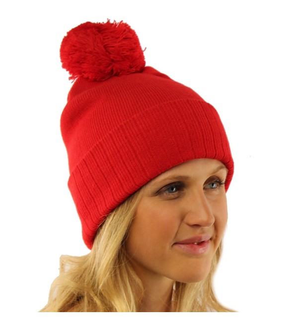 2 in 1 Winter 2ply Stretch Knit Pom Pom Cuff No Cuff Beanie Skull Ski Hat - Red - CN11GAW7M4F