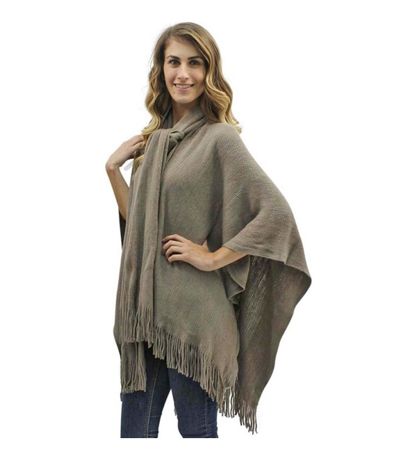 Two-Tone Fringed Shawl With Attached Scarf Taupe C111PYYD17D