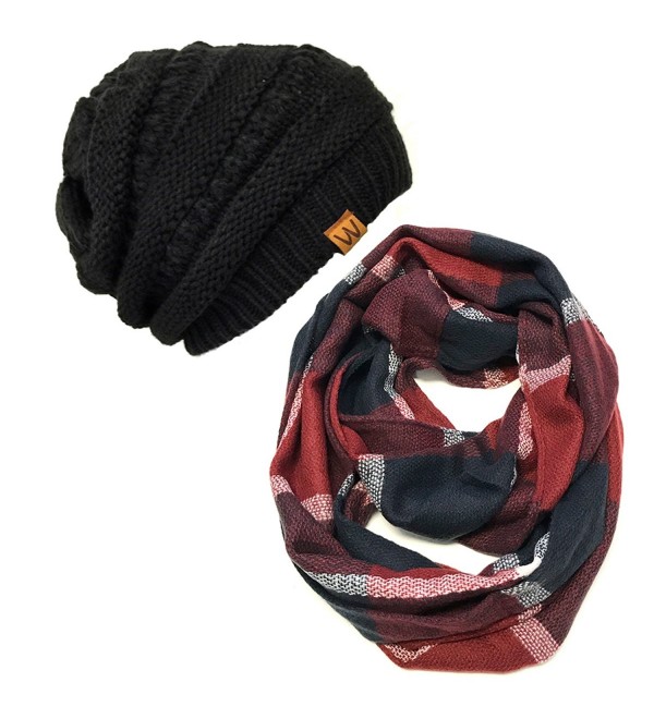 Wrapables Plaid Print Winter Infinity Scarf and Beanie Hat Set- Navy and Wine - C312OBVQRVY