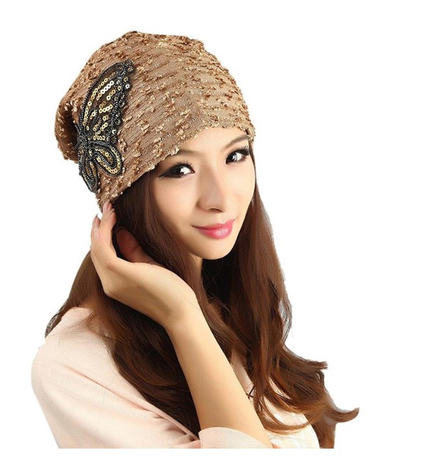 Tuscom Women's Winter hat Lace Butterfly Beanie Lady Skullies Turban Cap - Gold - CG12N0DAVX5