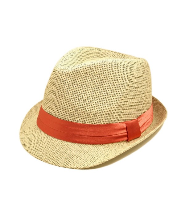 TrendsBlue Classic Natural Fedora Straw Hat with Coral Color Band - C811076FXL5