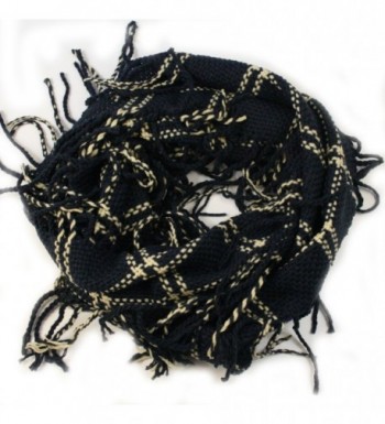 Apparelism Women's Winter Plaid Knitted Infinity Loop Scarf with PomPom Fringe - C.navy - CJ1893WU79Y