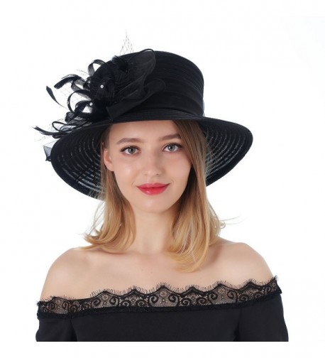 Dantiya Ladies Kentucky Derby Hat Tea Party Church Wide Brim Floral Organza Wedding Beach Summer Hat - Black - CZ189IRQODA