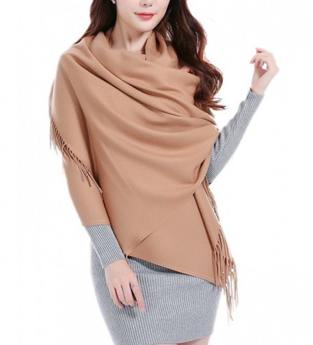 Womens Soft Wool Cashmere Oversized Blanket Wraps Sheer Shawl Tassel Scarf - Kahaki - C0185DLC4XW