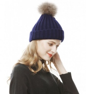 Lovful Womens Girls Winter Fur Hat Real Large Fur Pom Pom Beanie Hats - Navy - CB12N1SBJ7Q