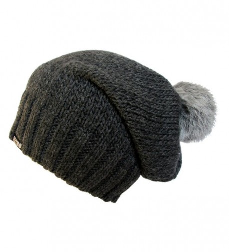 YUTRO Women's Wool Slouchy Fleece Lined Winter Beanie Hat with Rabbit Pom - Charcoal - CL11QYGIFU3