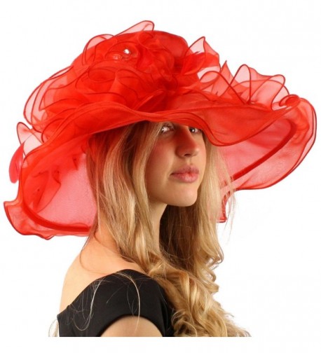 Bella Cielo Ruffle Cascade Floral Feathers Jewel Derby Floppy Wide 7" Hat - Red - C312CPH33BP