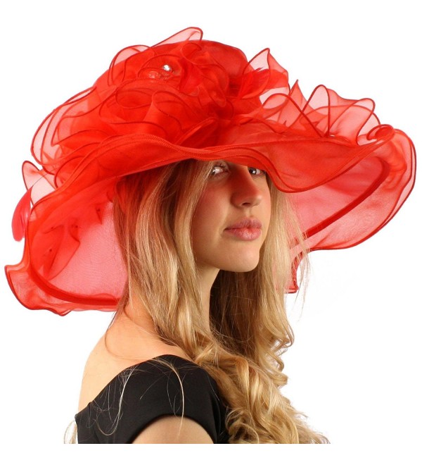 Bella Cielo Ruffle Cascade Floral Feathers Jewel Derby Floppy Wide 7" Hat - Red - C312CPH33BP Bella Cielo Ruffle Cascade Floral Feathers Jewel Derby Floppy Wide 7" Hat - Red - C312CPH33BP