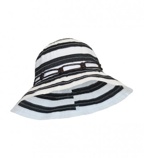 Boho Ribbon Crusher Round Crown Bucket Sun Hat SPF UPF 50 UV Protection Packable - Black & White - CM12E31Q1NN