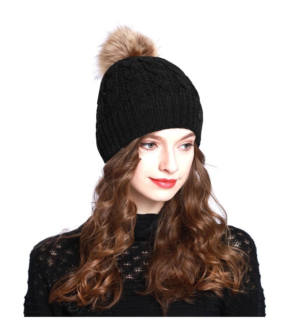 ANGELA & WILLIAM BN2346 Women's Winter Hand Knit Faux Fur Pompoms Beanie Hat - Black - C812NDT53PM