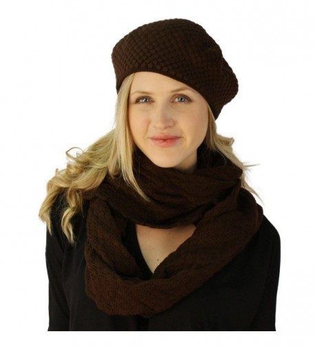 Ladies 2pc Winter Chunky Knit Beret Beanie Tam Hat Long Infinity Scarf Set - Brown - CI12608WM03