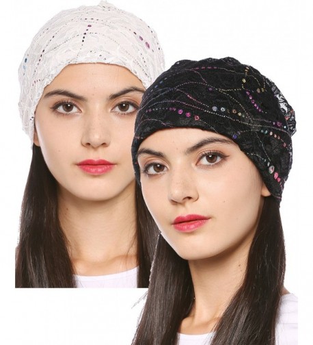 Ababalaya Women's Soft Breathable Floral Sequins Lace Turban Chemo Beanie Nightcap - Black+white - CI183KCAU4T