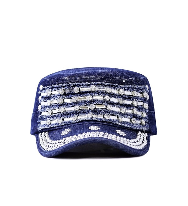 The Hat Depot 200h5366 Beaded Bling Crystal Rhinestone Cadet Cap 2 Colors - DARK DENIM BLUE - C11254LPFO7