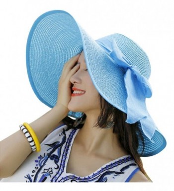 Women Floppy Hat Big Bowknot Straw Hat Wide Brim Beach Hat Sun Hat - Sky Blue - CL17YDYDLGU