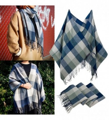 Oct17 Women's Plaid Scarf Blanket Shawl Grid Winter Cozy Tartan Wrap with Fringe - Blue Gray - CH1882YWYK7