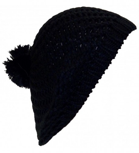 Best Winter Hats Open Swirl Weave Knit Solid Color Winter Beret w/Pom Pom (One Size) - Black - CU11P6D5OQ3