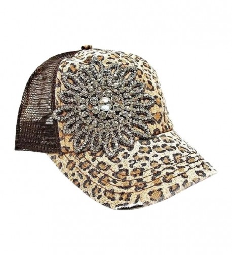 Womens Olive & Pique Large Rhinestone Flower Cheetah Print Trucker Cap - Brown - CR11E1WE75T