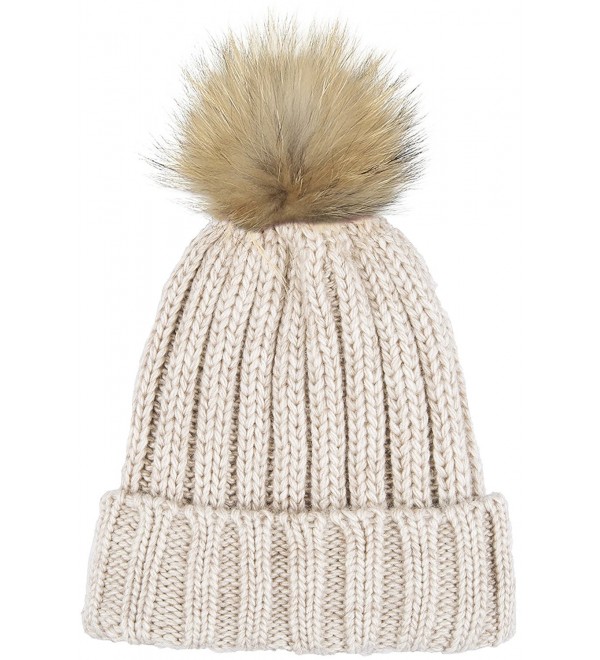 Lilax Knit Faux Fur Pom Pom Thick Ribbed Soft Warm Beanie Hat - Beige - CD12MRCD6D3