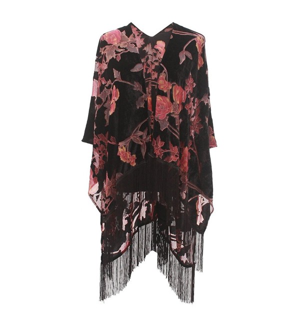 Genovega Floral Burnout Velvet Dress Kimono Cardigan Poncho With Fringe Velvet Shawls Wraps - CJ187IIS8IH