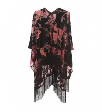 Genovega Floral Burnout Velvet Dress Kimono Cardigan Poncho With Fringe Velvet Shawls Wraps - CJ187IIS8IH