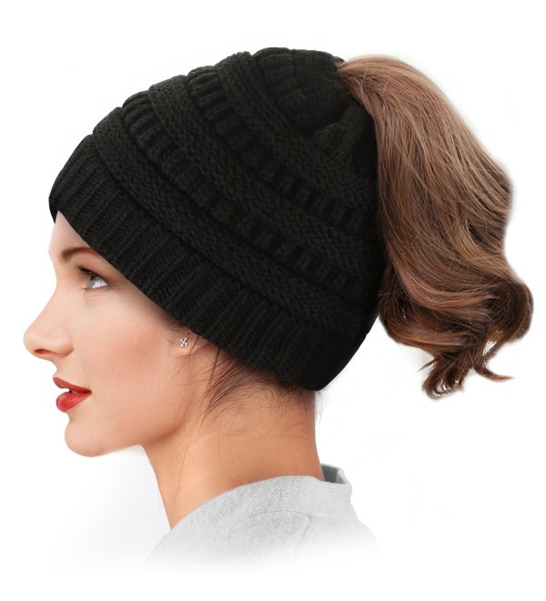 YEENOR Women Ponytail Beanie Hats Winter Soft Knit Warm Hat High Bun Beanie Tail Cap - Black - CU187AO9YQY