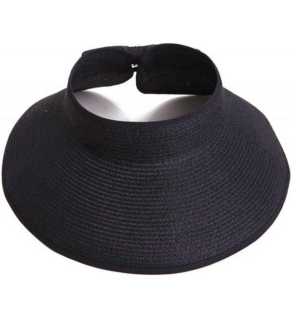 Women's Summer Wide Brim Roll-Up Straw Sun Visor Hat - Black - CH17Z35O4LZ