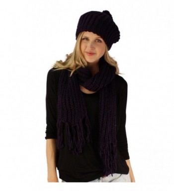 Handknit 2pc Winter Ribbed Knit Ski Beret Pom Pom Beanie Hat w Scarf Set - Purple - C811FXOGCDT