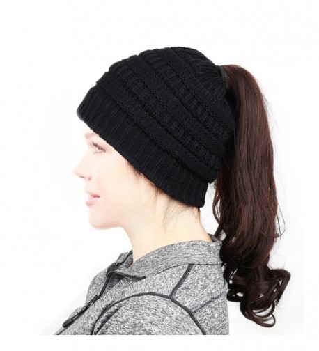 Women's Knit Hat- BeanieTail Soft Stretch Cable Knit High Bun Ponytail Beanie Hat - Black - CJ1885IL8QG