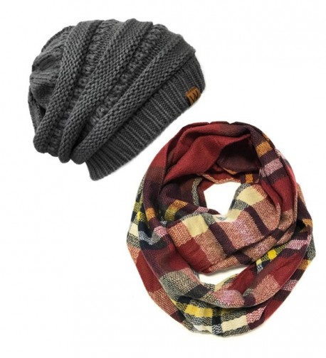 Wrapables Winter Warm Knitted Infinity Scarf and Beanie Hat Set - Red/Black and Charcoal Grey Set - CP1850T72H9