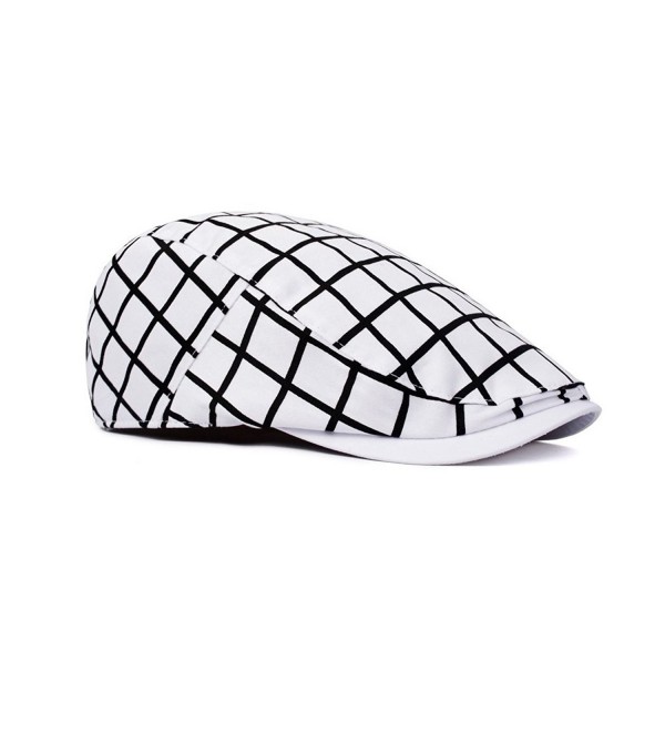 Xelue FF Unisex Trendy Vintage Unique Wool Cotton newsboy Cap Hunting Hat Beret Flat Cap - White Checked - CT18862HMDC