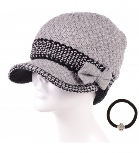 MIRMARU Women's Winter Cable Knitted Beret Visor Beanie Hat with Scrunchy. - Bowknot-grey - C012N7AL2SP