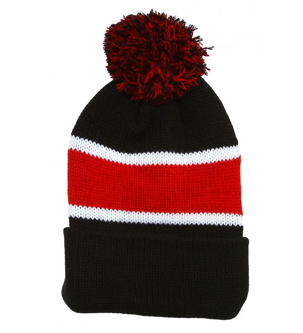 Winter Striped Beanie with Pom - Black/Red - C8110TVVYOX