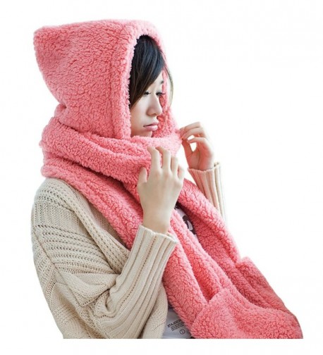 Women Warm Soft Fleece Hooded Scarf Hat Mitten all in one with Pocket for Winter - Pink - CI187R0I8E5